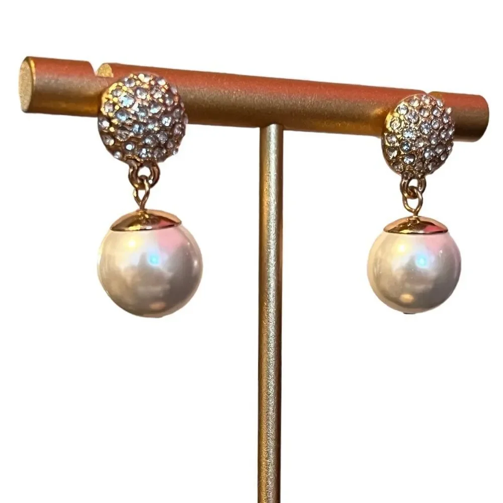 Rhinestone Pearl Gold Tone Dangle Earrings